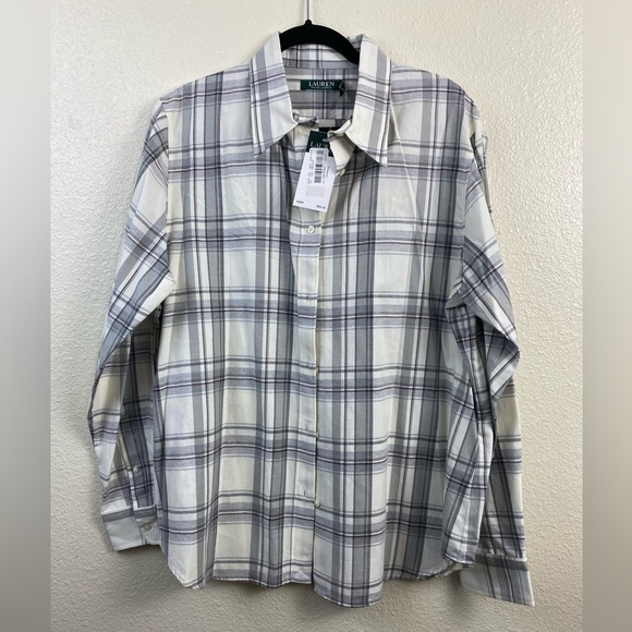 Lauren Ralph Lauren Plaid Gray Cream Long Sleeve Casual Button Down Shirt XL NWT